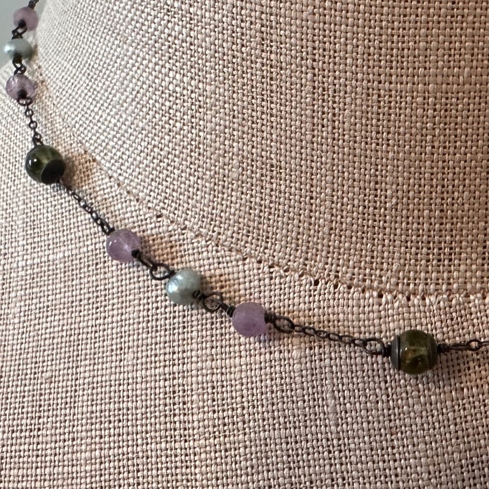 Delicate necklace w/purple, blue & green beads